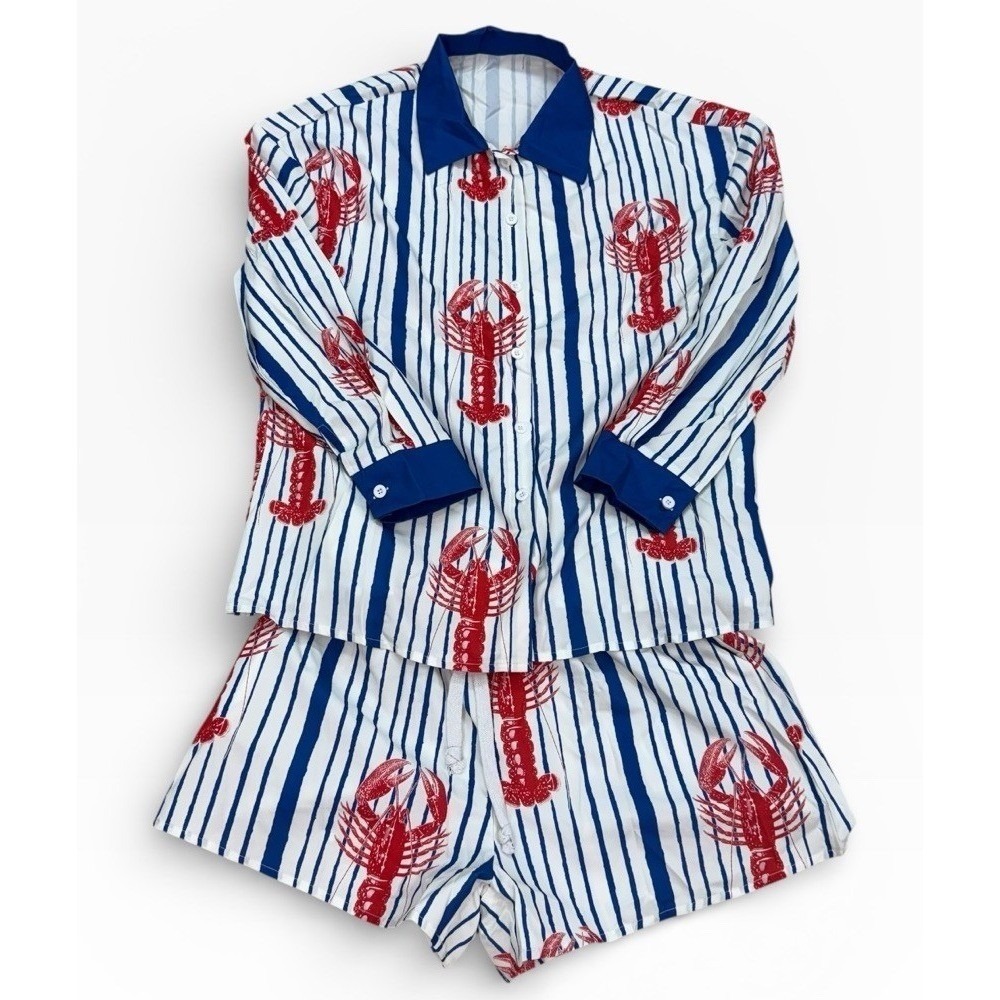 SHEIN Lobster Print Pajama Set Womens Medium Fun Nautical ButtonUp PJ Shorts Set